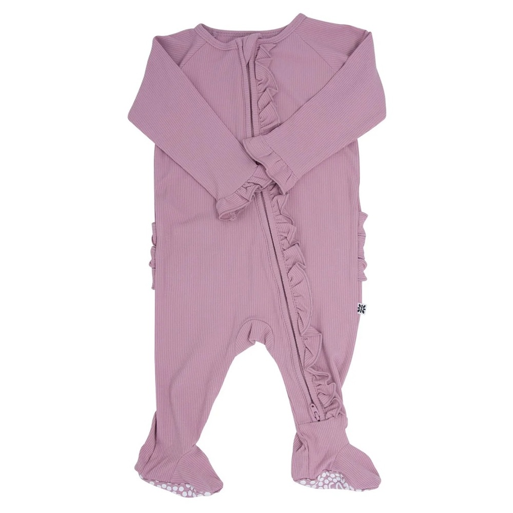 Sweet Bamboo Ruffle Footed One-Piece Romper - Petunia Pink Ribbed
